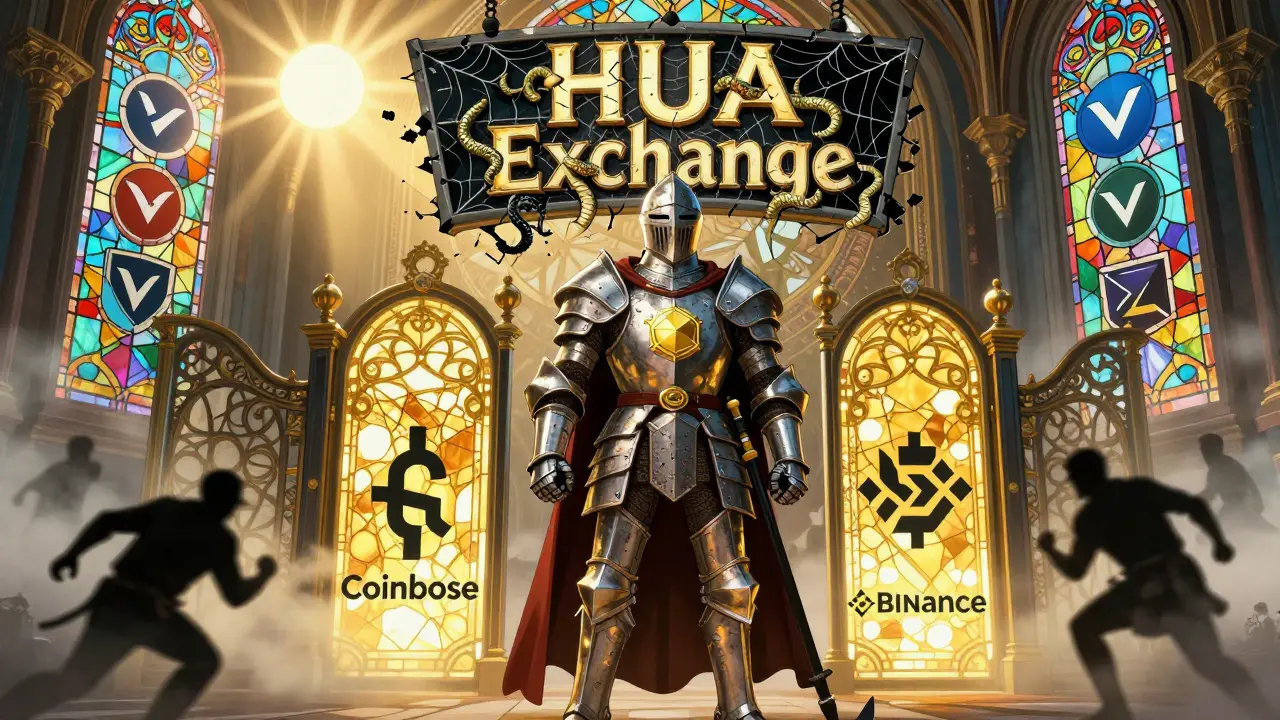 Un caballero protege tres puertas de intercambios seguros mientras una señal en ruinas con 'HUA Exchange' se desmorona tras él, envuelta en serpientes.
