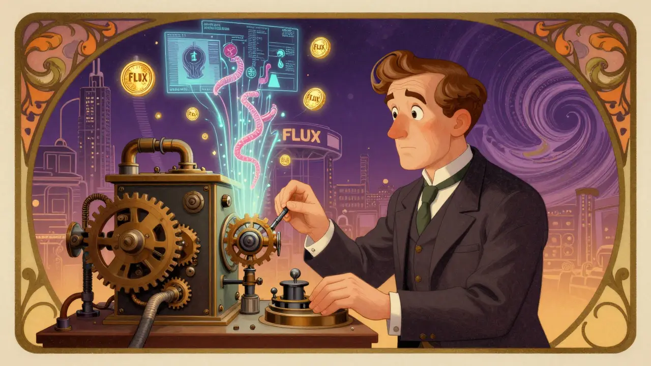 Un científico opera una computadora mecánica que genera modelos de IA con tokens FLUX flotando alrededor.