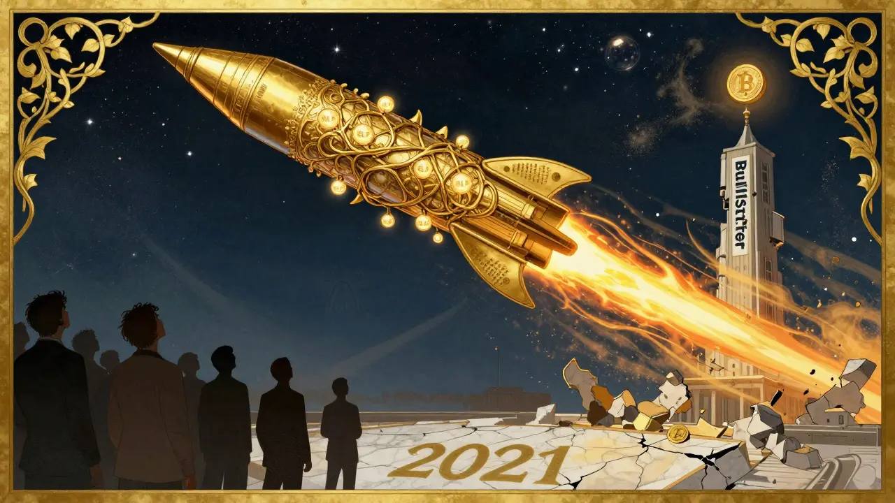 Un cohete dorado lanza 100 tokens BLP al cielo, mientras una multitud mira desde una plataforma que se desmorona.