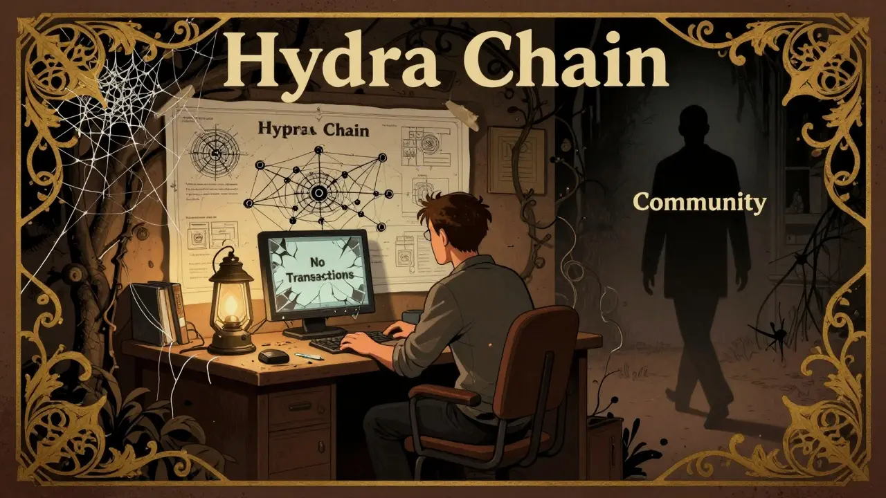 Un desarrollador solo frente a un monitor vacío, rodeado de planos polvorientos y vinchas decorativas.