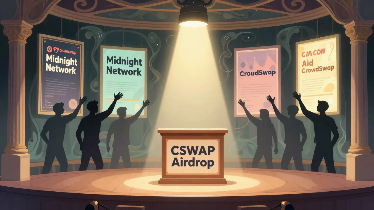 Un escenario vacío de airdrop con usuarios alcanzando sin éxito, mientras otros proyectos brillan detrás.