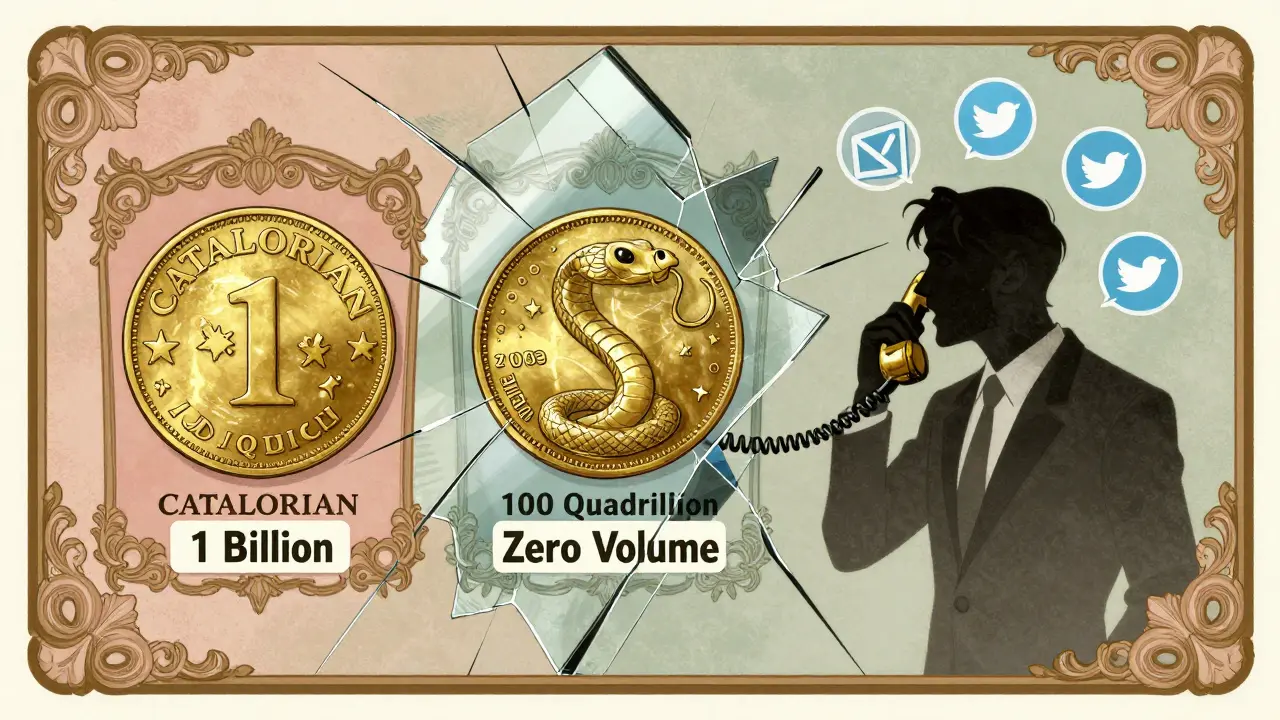 Un espejo fracturado muestra tres cantidades absurdas de tokens CATALORIAN, rodeado de iconos de redes sociales en descomposición.