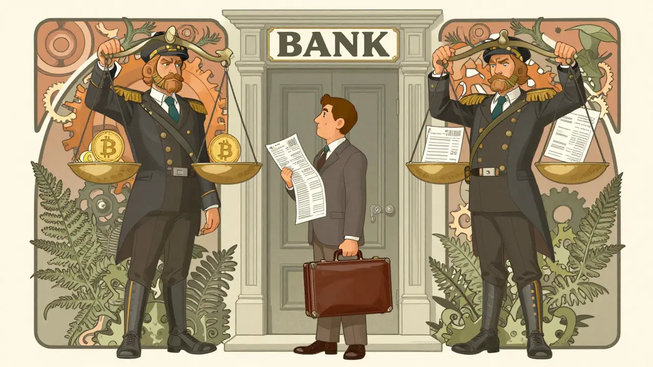 Un hombre sostiene comprobantes frente a una puerta bancaria custodiada por figuras con balanzas, simbolizando la lucha entre cripto y regulación.