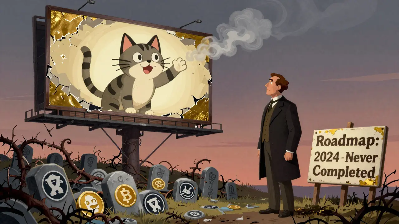 Un inversionista mira cómo un cartel de gato espacial se desvanece entre tumbas de criptomonedas muertas y una señal que dice 'Roadmap: Nunca completado'.