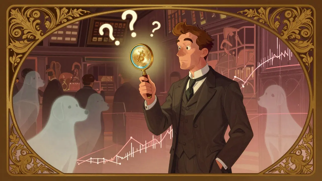 Un inversor mira un token NEIRO flotante entre símbolos de interrogación y siluetas de perros en estilo vintage.