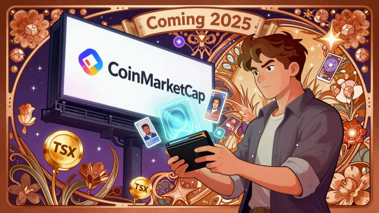 Un jugador conecta su billetera a una interfaz digital de TradeStars, mientras tokens y cartas de jugadores florecen a su alrededor.