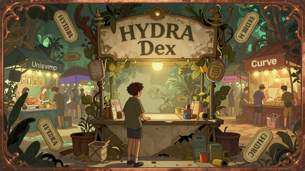 Un puesto de intercambio abandonado con tokens flotantes, mientras otros DEX brillan en el fondo.