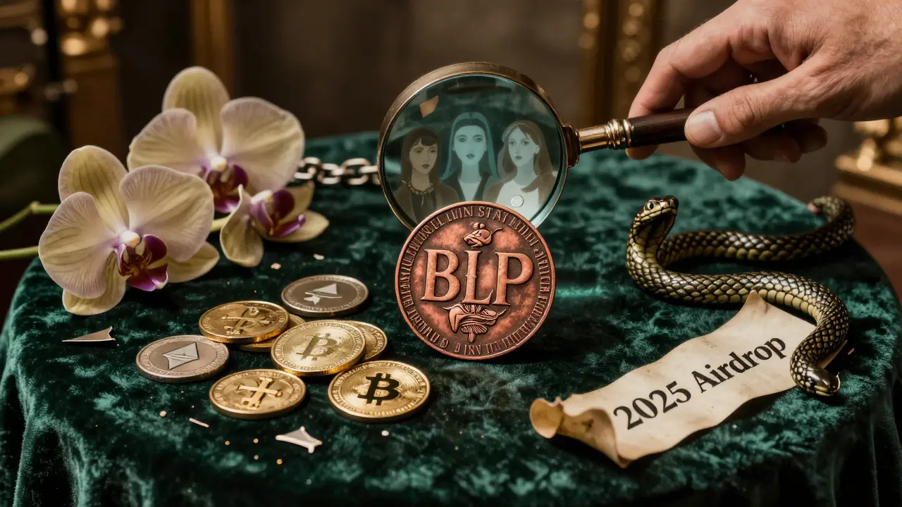 Un token BLP oxidado junto a monedas de cripto modernas, rodeado de flores marchitas y una serpiente que sostiene un enlace falso.