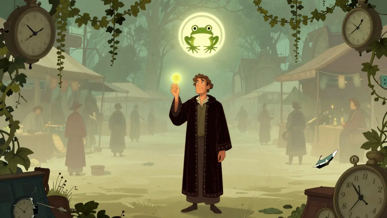 Un trader sostiene un token brillante frente a un mercado vacío, con el símbolo de la rana flotando como un signo celestial en la penumbra.