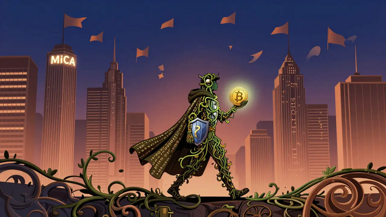 Un viajero con una moneda Zcash protegida camina entre rascacielos financieros mientras banderas se desvanecen.