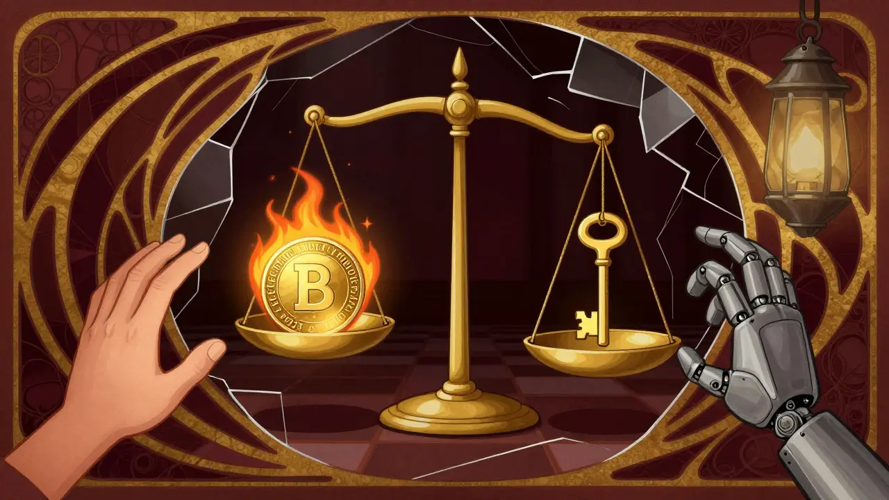Una balanza equilibra una moneda privada contra una llave de auditoría, entre manos humanas y mecánicas.