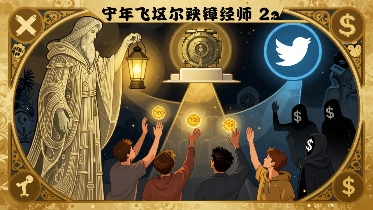 Una figura etérea ilumina tres caminos hacia el juego, staking y redes verificadas, mientras estafadores se alejan en la sombra.