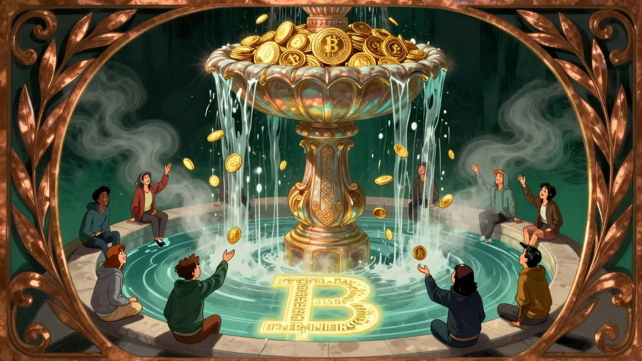 Una fuente de tokens NEIRO que caen en un abismo mientras figuras modernas los lanzan con esperanza.