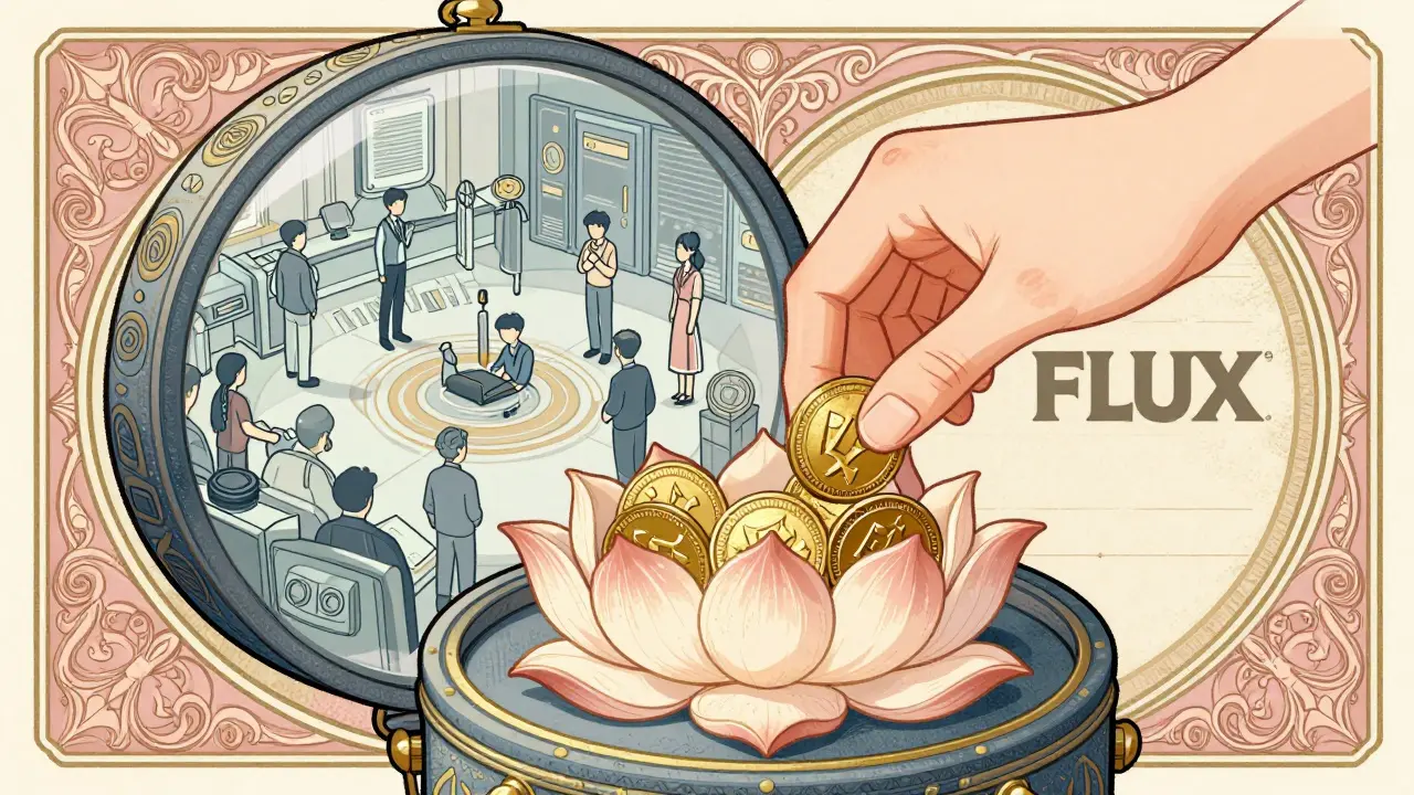 Una mano coloca cinco tokens FLUX en una bóveda en forma de loto, reflejando un ecosistema digital activo.