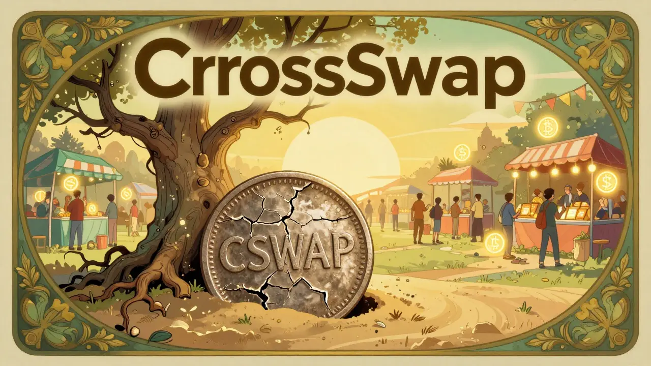 Una moneda agrietada de CSWAP enterrada bajo un árbol seco, mientras mercados activos florecen al fondo.