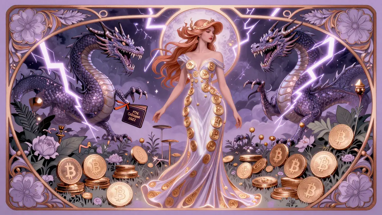 Una mujer elegante en un jardín de criptomonedas estables, mientras dragones de apalancamiento 125x devastan el cielo, estilo Art Nouveau.