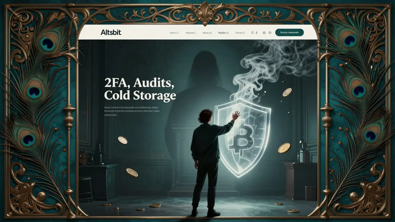 Usuario alcanzando un escudo de seguridad mientras el sitio Altsbit se desvanece en humo, con motivos de plumas de pavo real y metal dorado.