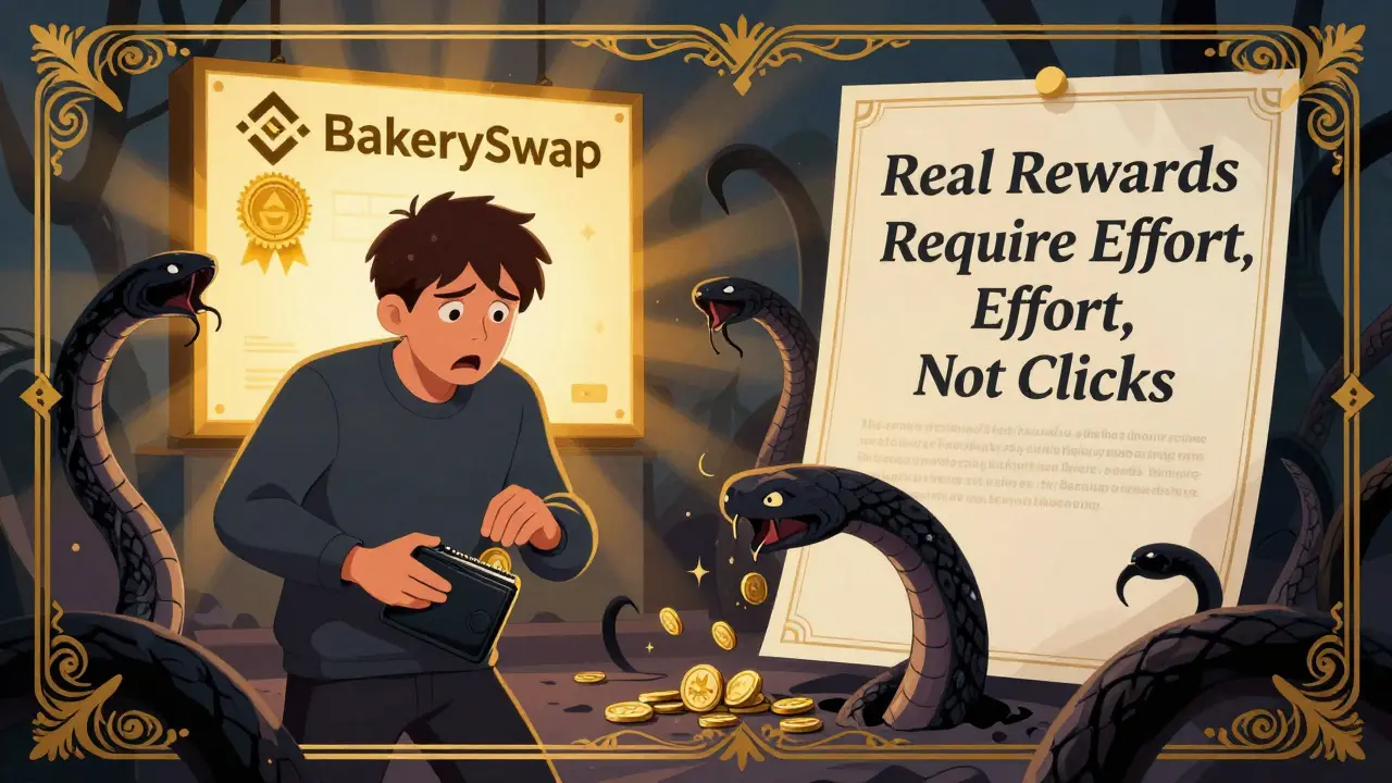 Usuario amenazado por tentáculos de un sitio fraudulento, mientras una señal oficial brilla con el mensaje de que los recompensas requieren esfuerzo, no clics.