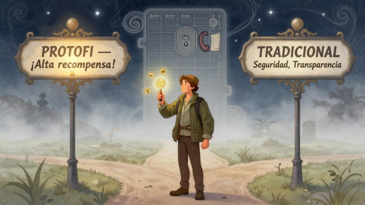 Viajero en un camino dividido entre una promesa ilusoria y una opción segura, con símbolos ocultos de riesgo y impuestos.