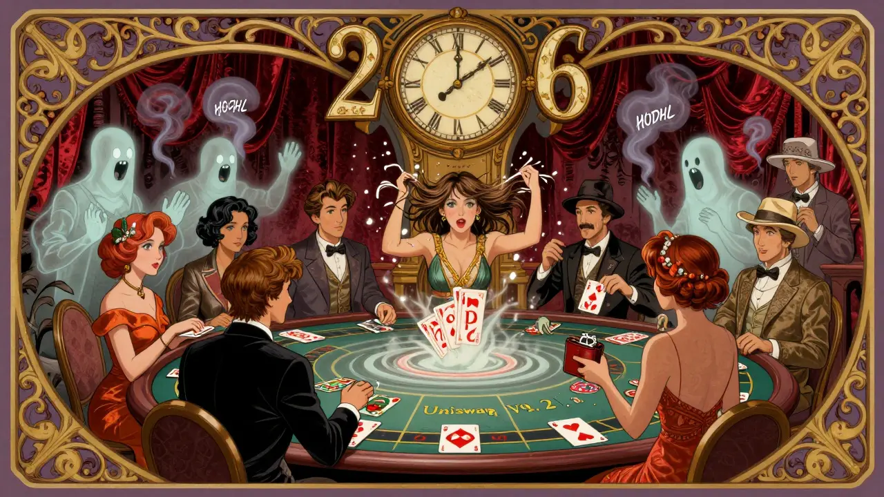 Ambiente de casino vintage con gente apostando tokens DOGC y un reloj loco, bots susurrando 'HODL' en el aire.