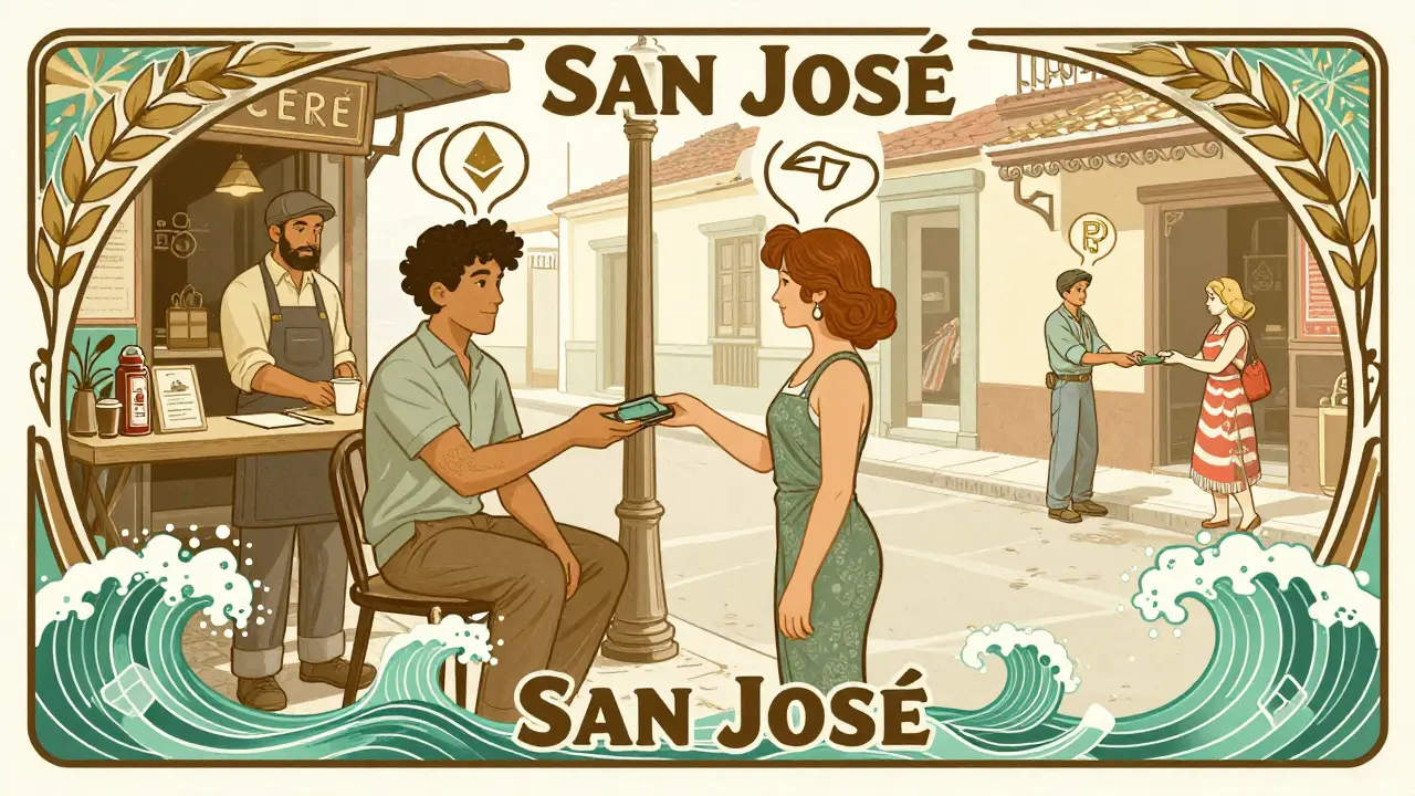 Cafetería en San José aceptando pagos en Ethereum, con diseños artísticos de ondas y símbolos de cripto.