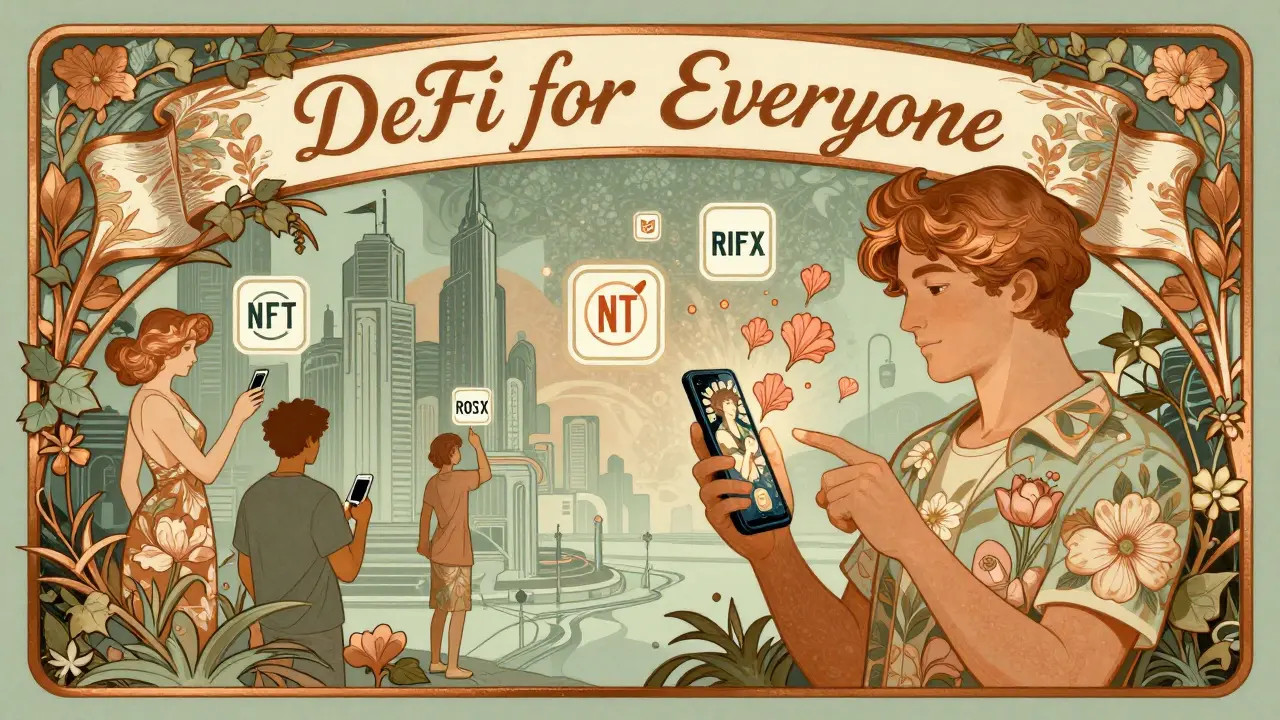 Ciudad futurista donde personas interactúan con DeFi mediante patrones florales, con tokens ROSX floreciendo de sus pantallas.