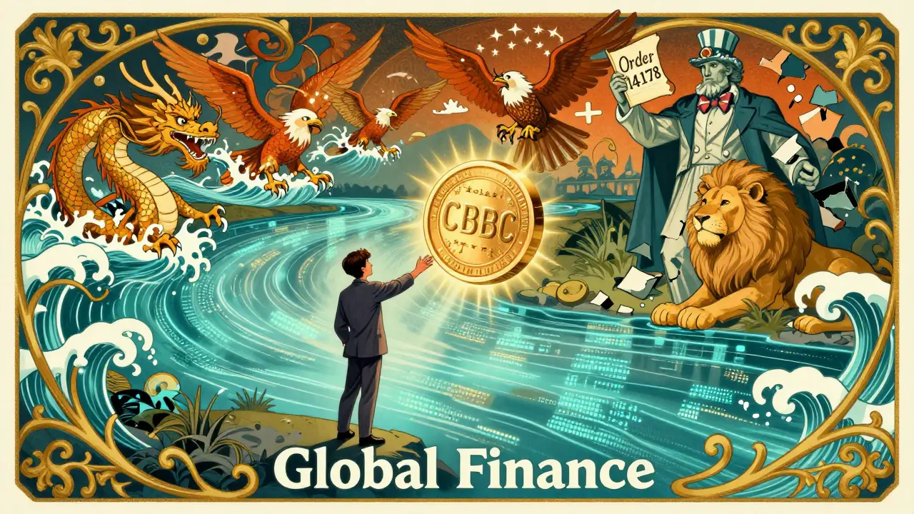 Ciudadano estadounidense mira un dólar digital que se aleja en un río digital liderado por dragones y águilas, mientras cae una estatua de Sam.