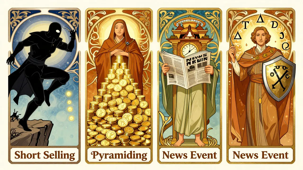 Cuatro figuras simbólicas representando estrategias de trading con margen, rodeadas de patrones florales y símbolos matemáticos en estilo Art Nouveau.