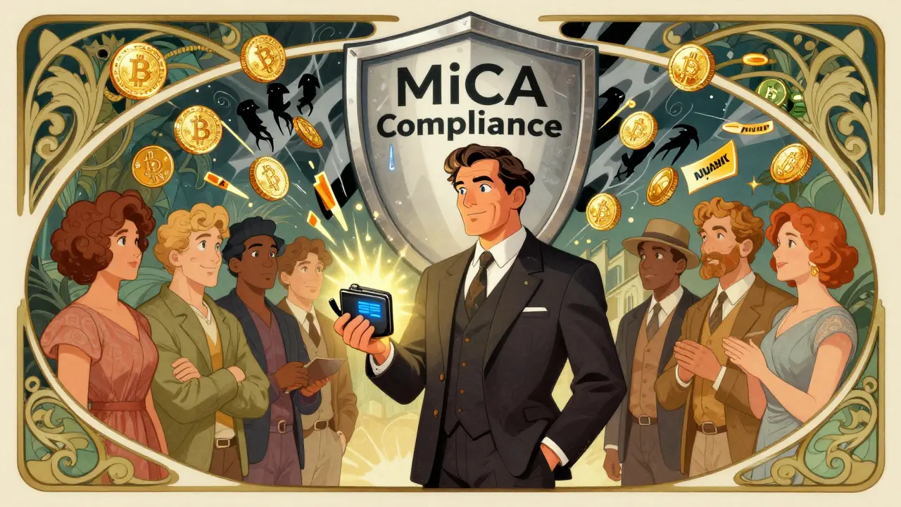 Empresario entrega billetera digital a clientes europeos protegidos por un escudo MiCA.