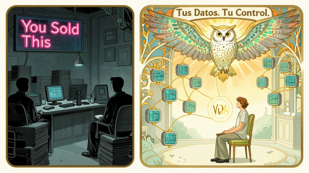 Escena dividida: corporaciones robando datos vs. usuario en control con IA vigilante.