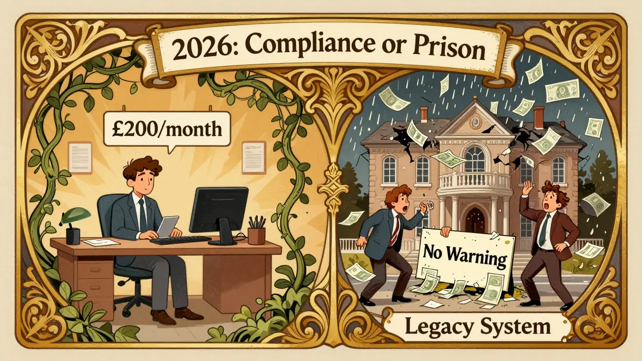 Escena dividida: una pequeña empresa con herramientas modernas frente a una mansión colapsando bajo multas por incumplimiento.