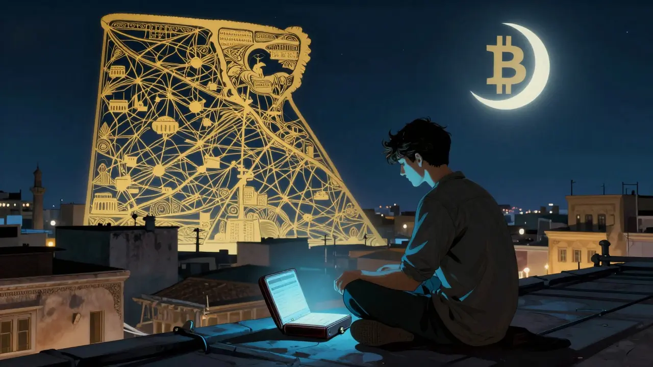 Estudiante en Alejandría guarda criptomonedas en una billetera fría bajo la luz de una luna en forma de Bitcoin.