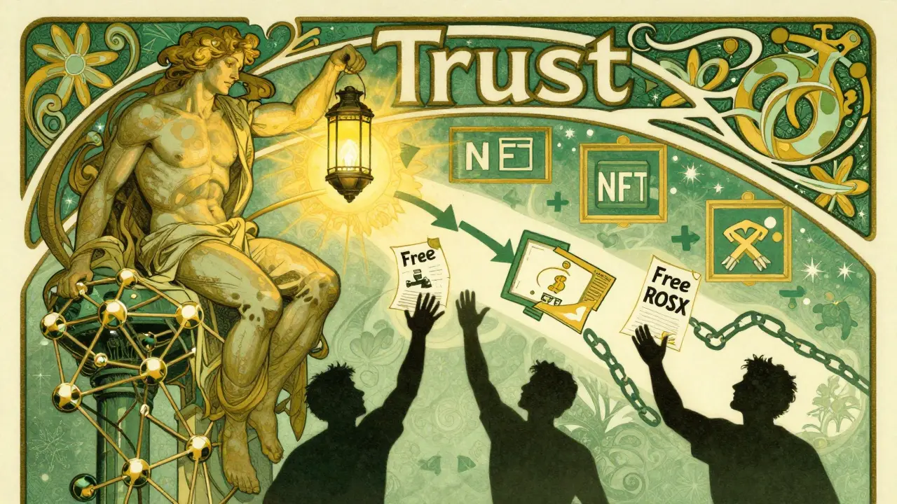 Figura de la Confianza ilumina un camino de uso real, rechazando folletos falsos de airdrops en estilo art nouveau.