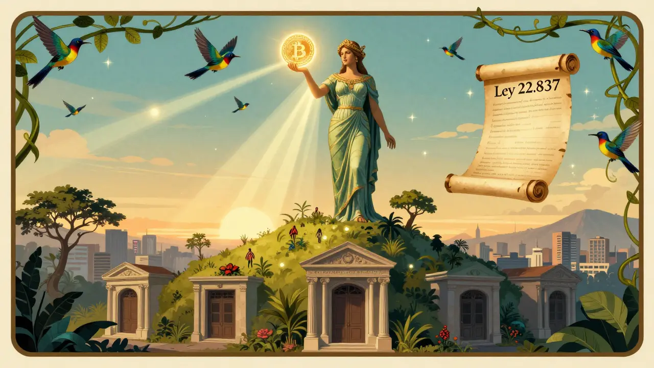 Figura femenina simbólica de innovación en Costa Rica sosteniendo un token digital, con bancos cerrados abajo.