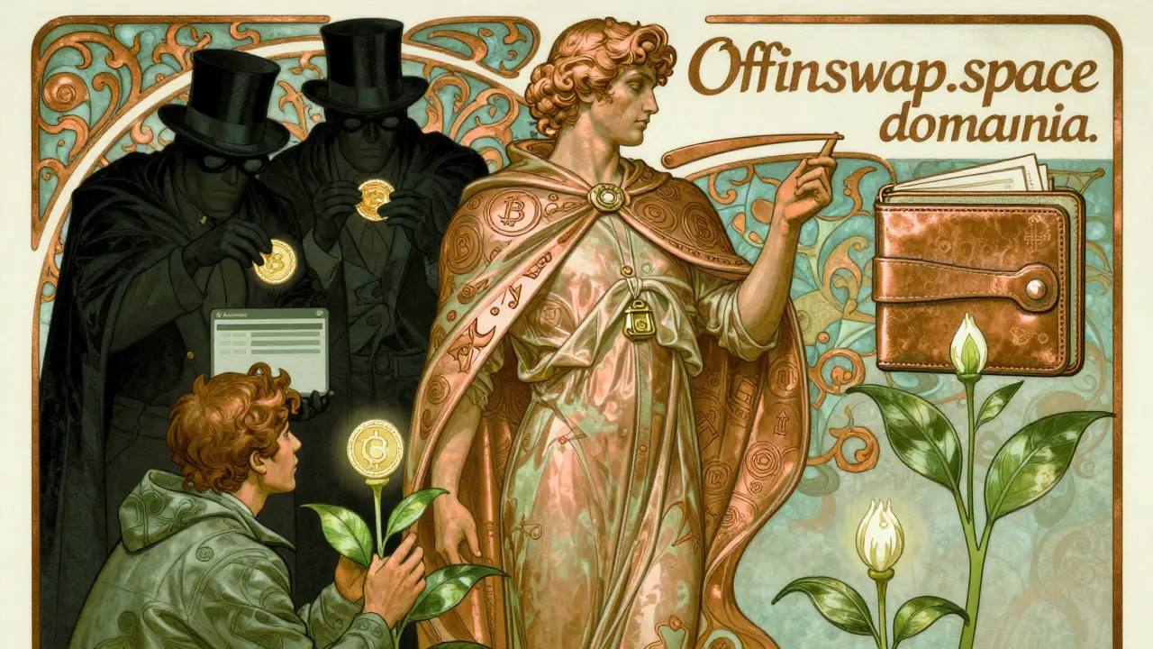 Figura protectora vigila una billetera segura mientras estafadores intentan robar tokens, en estilo Art Nouveau con símbolos cripto.