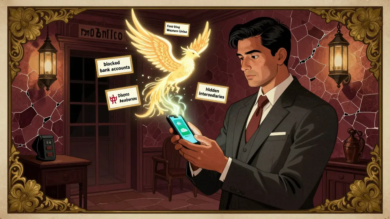 Hombre en Dhaka transfiriendo dinero local mientras un fénix de Bitcoin surge de su teléfono, con advertencias flotantes alrededor.