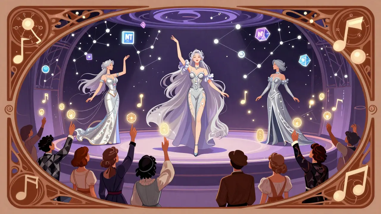 Ídolos virtuales en un escenario futurista con NFTs flotantes y tokens cayendo como lluvia dorada.