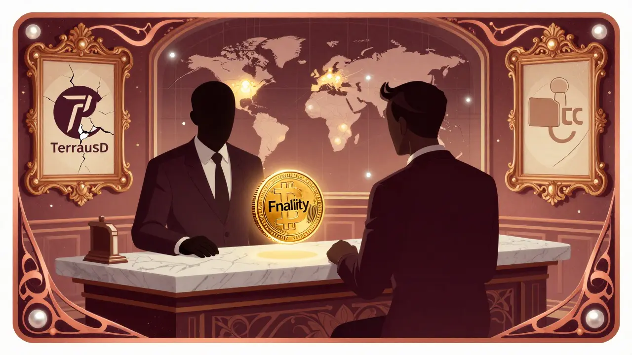 Interior de banco art déco con un stablecoin brillante y un mapa mundial que muestra proyectos de CBDC, excepto EE.UU. en sombra.