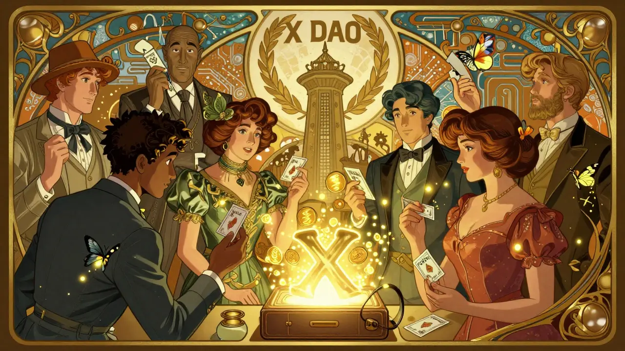 Jugadores en ropa vintage interactúan con una billetera XWG mientras tokens dorados flotan alrededor.