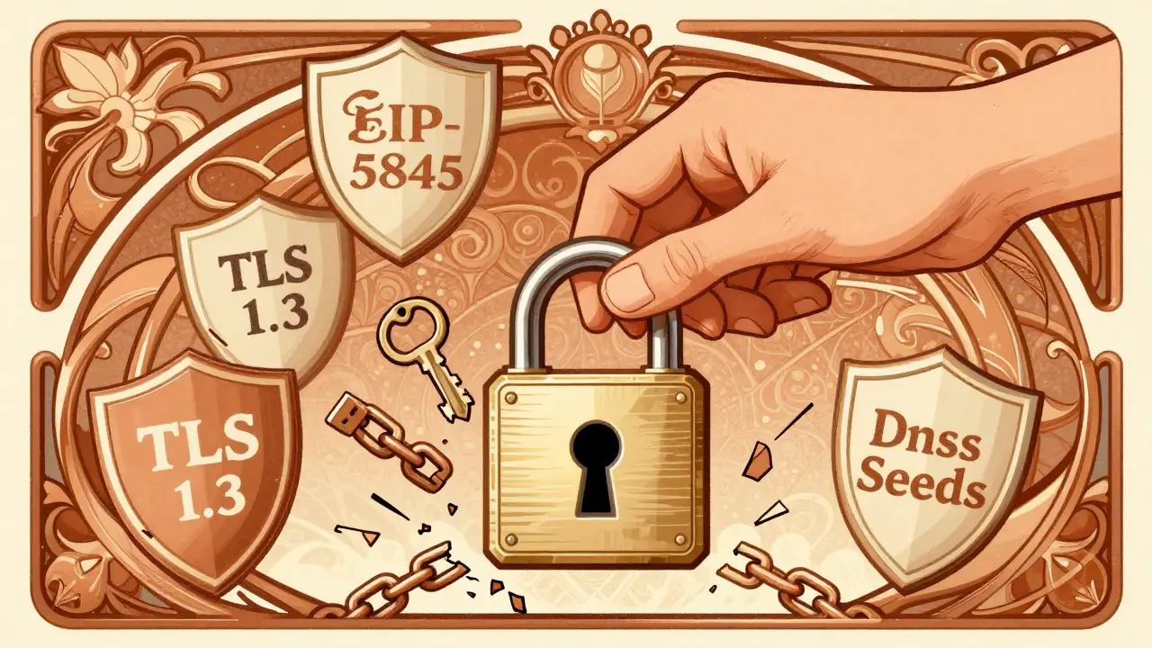 Mano colocando una llave en un candado blockchain protegido por escudos de seguridad, en estilo Art Nouveau.