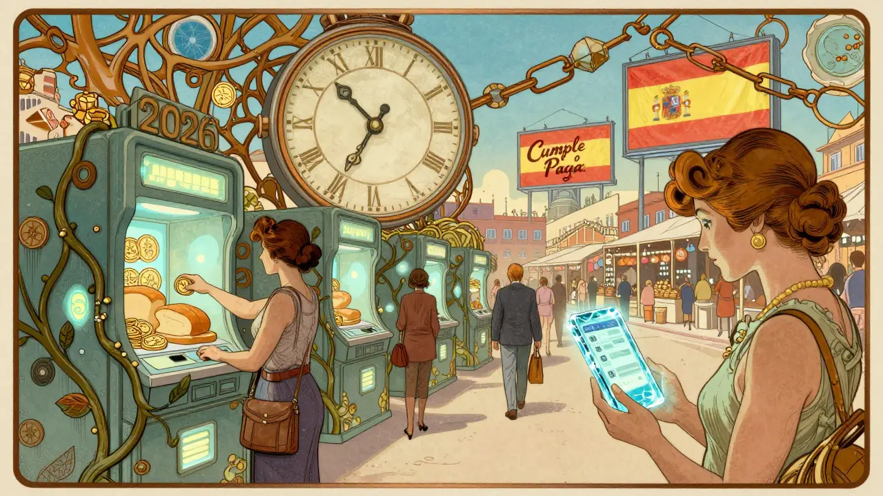 Mercado futuro en Madrid con cajeros cripto y reloj hacia 2026, estilo Art Nouveau.