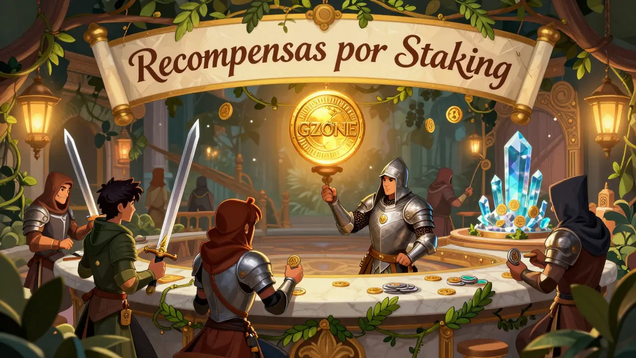 Mercado ornamental donde jugadores intercambian NFTs bajo una lámpara de token GZONE con inscripciones en español.