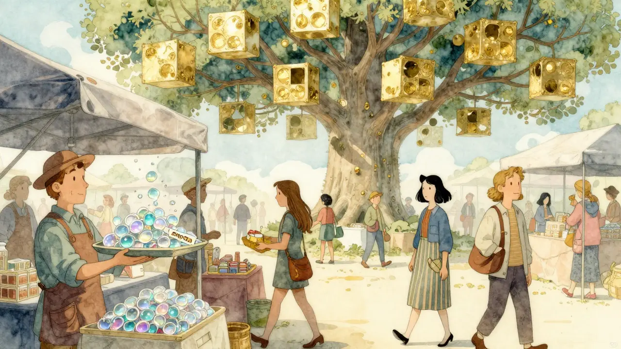 Mercado surrealista donde vendedores ofrecen tokens invisibles de SENDOR.