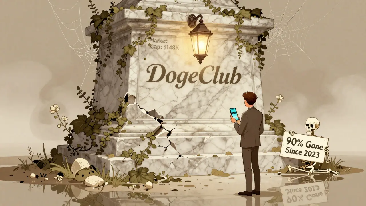 Monumento derrumbado de DogeClub con una linterna titilante y un inversionista mirando su teléfono con un reflejo de esqueleto.
