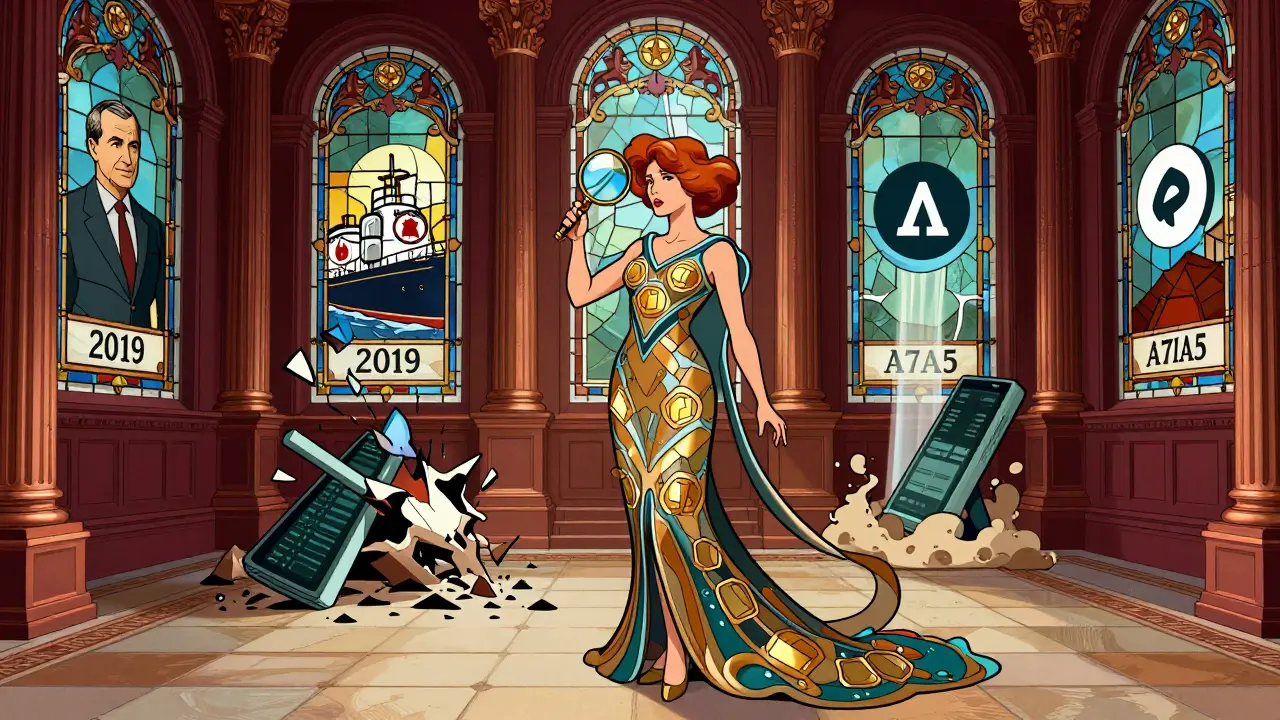 Mujer con patrón de blockchain examina direcciones ocultas en un salón regulatorio británico con vitrales de entidades sancionadas.