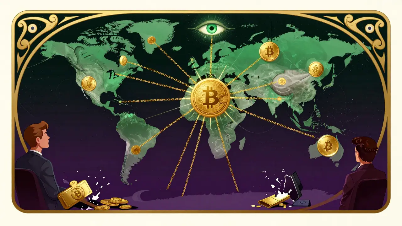 Red global de criptomonedas unida por cadenas regulatorias del Reino Unido, con ojos de IA observando y figuras encarceladas en las sombras, estilo Art Nouveau.
