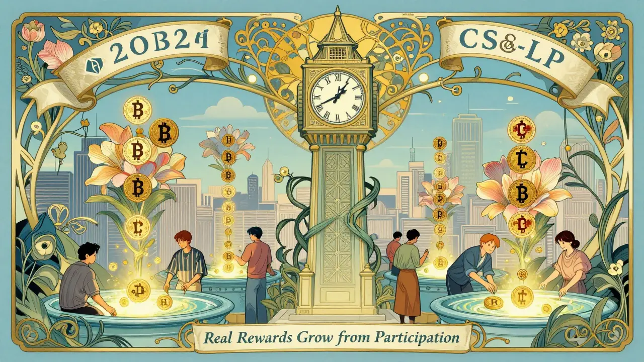 Reloj en forma de nodo blockchain con usuarios aportando liquidez que generan tokens CSS como flores, en estilo Art Nouveau.