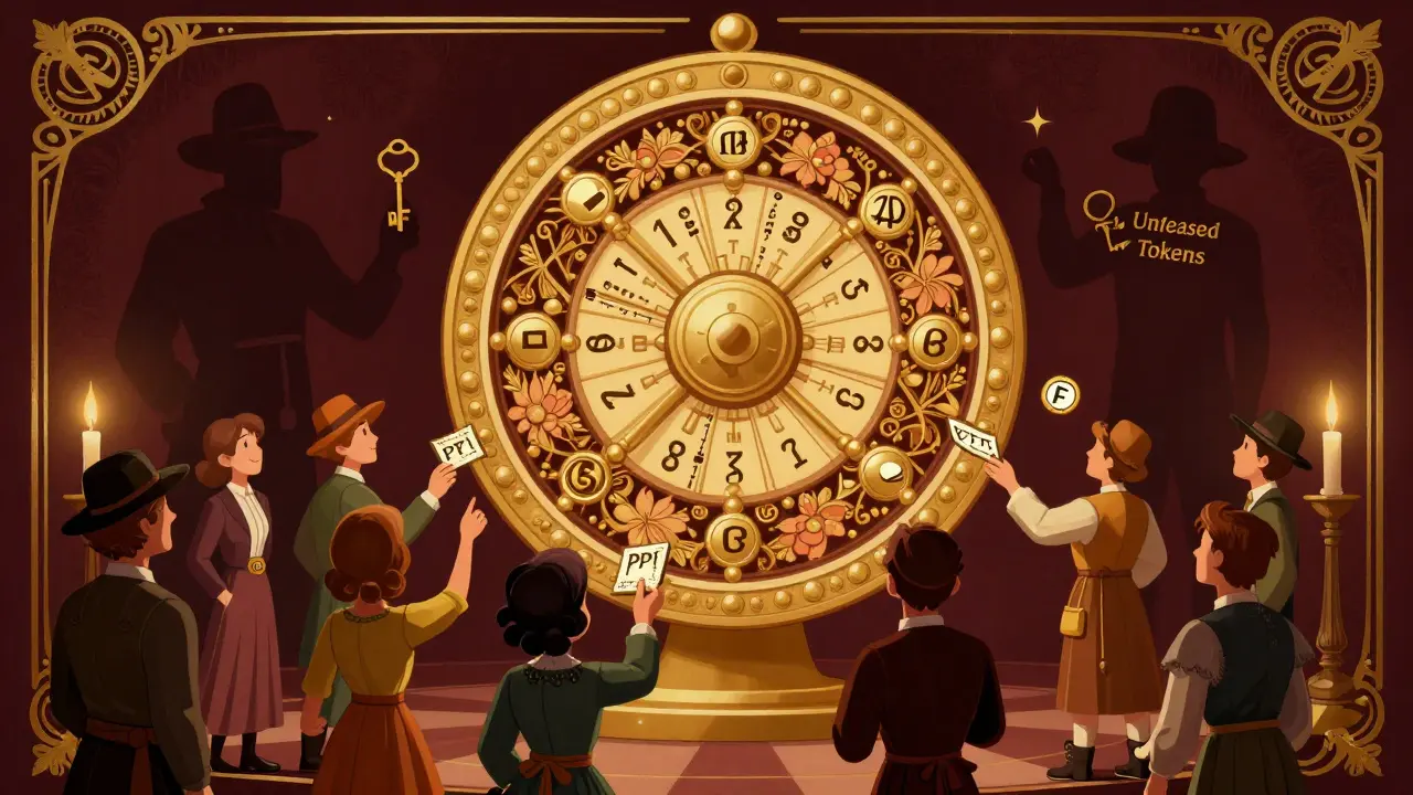 Rueda de lotería ornamental hecha de nodos blockchain, girando sobre figuras que buscan premios cripto bajo una luz cálida y misteriosa.