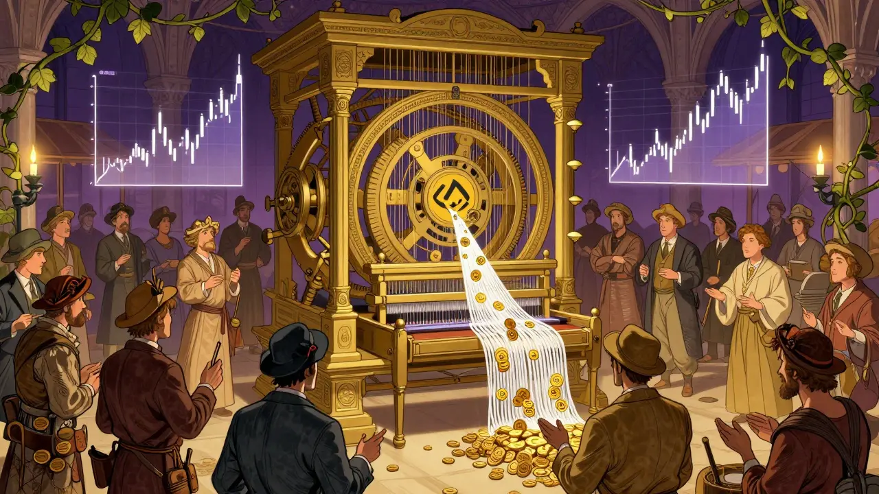 Tela mecánica que conecta intercambios cripto, con traders en 1920s y gráficos en forma de enredaderas.