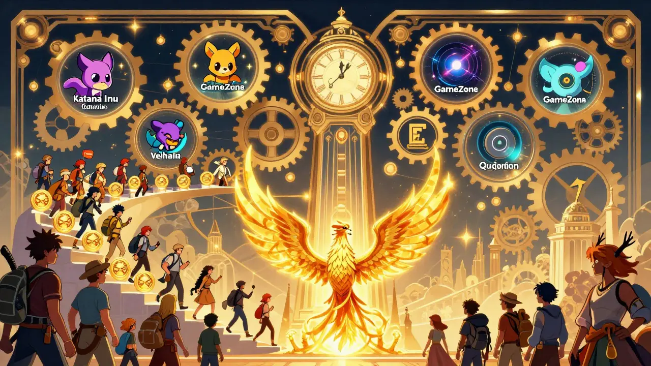 Torre de reloj con engranajes blockchain y aventureros subiendo niveles de staking, con un fénix dorado ascendiendo.